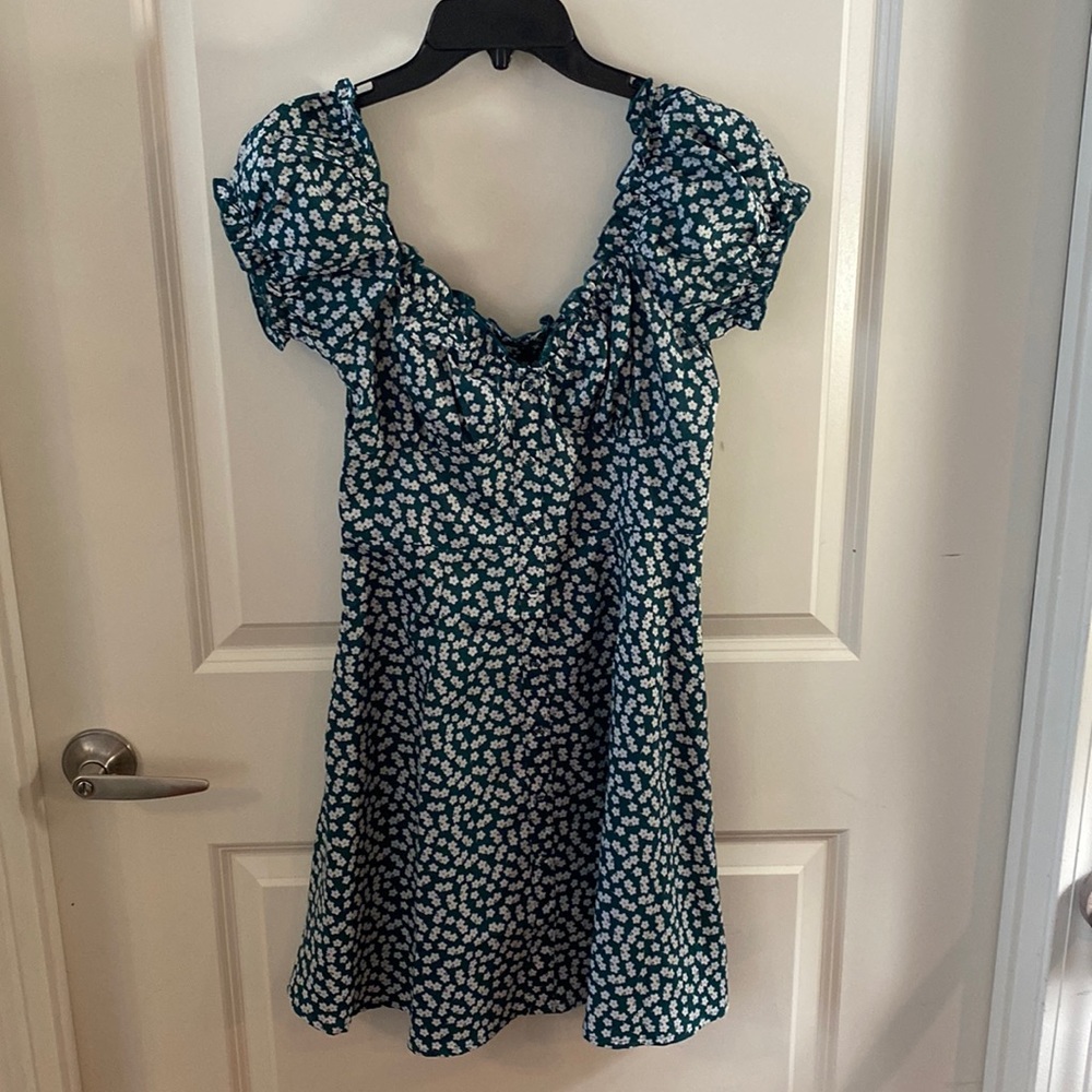 Puff Sleeve Corset Style Green and White Floral Mini Dress